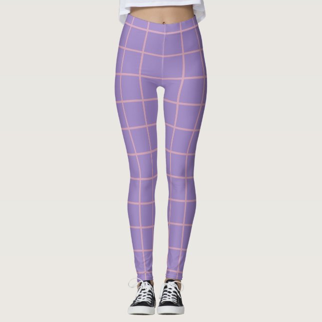 Legging Padrão de Grade Simples Roxo e Rosa da Lavanda (Frente)