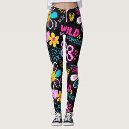 Legging Padrão de Grafite de Flor Sorridente da Moda