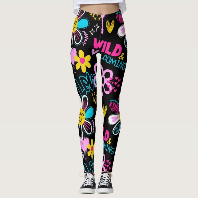 Legging Padrão de Grafite de Flor Sorridente da Moda (Frente)
