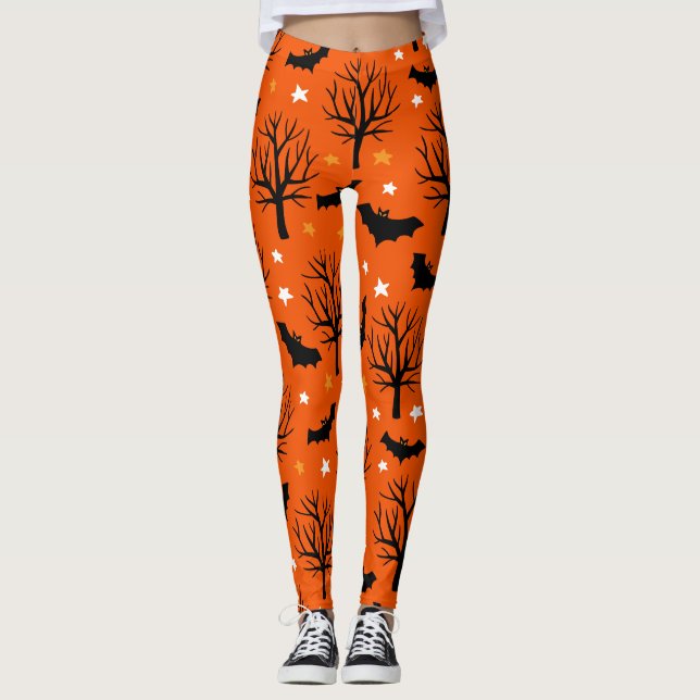 Legging Padrão de Halloween das Árvores e Morcegos (Frente)