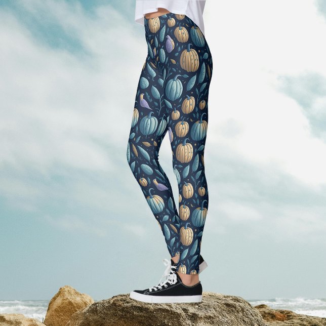 Legging Padrão de Halloween de Abóbora Laranja Azul Capric (Criador carregado)