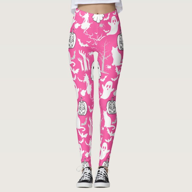 Legging Padrão de Halloween. Louco e fofo.b Rosa BG (Frente)