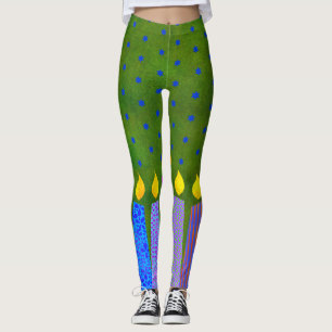 Legging Padrão de Hanukkah vela azul estrela de David Gre