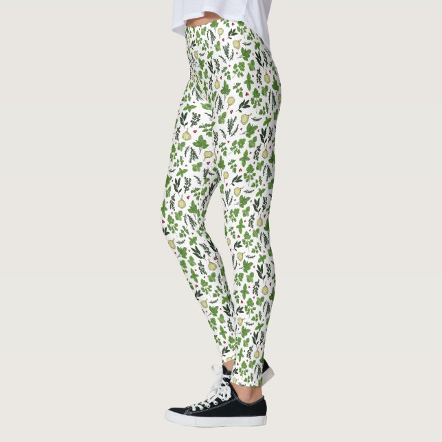 Legging Padrão de Herbos do Jardim Verde e Branco (Esquerda)