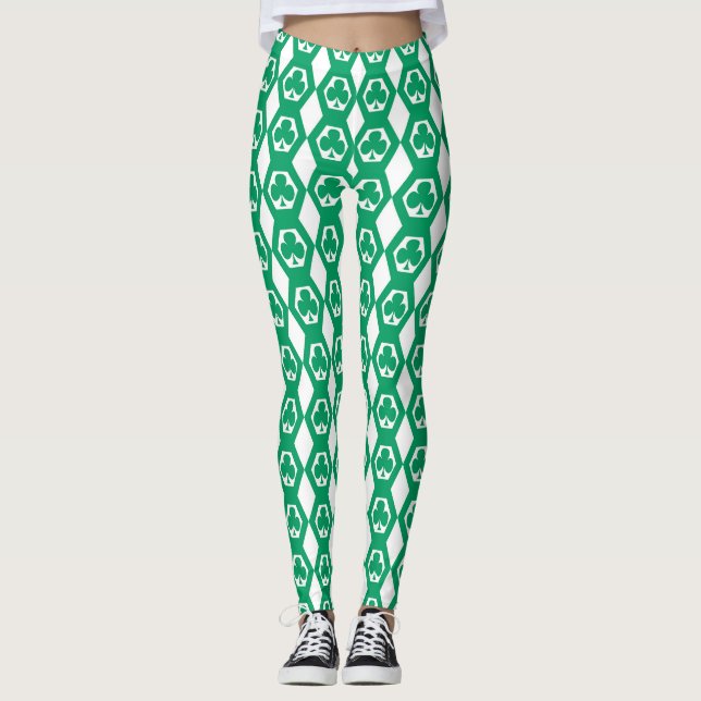 Legging Padrão de Hexágono Branco Verde Trevo (Frente)