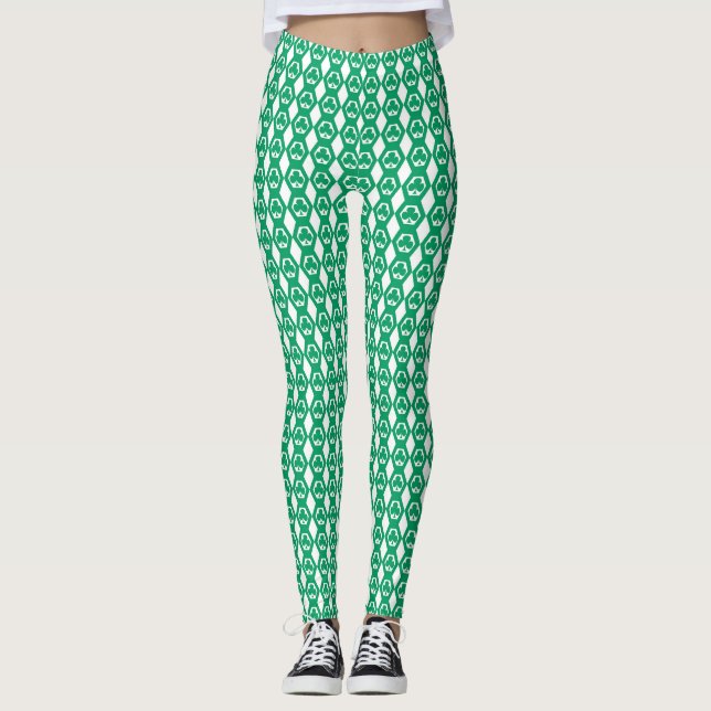 Legging Padrão de Hexágono Branco Verde Trevo (Frente)