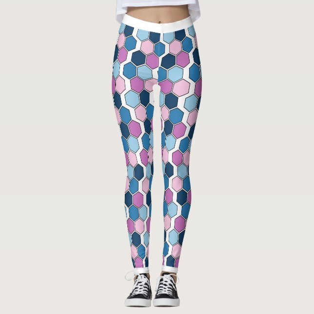 Legging Padrão de Hexágono Rosa e Azul da Cidade Twilight (Frente)