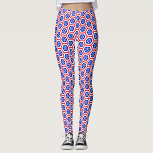 Legging Padrão de hexágonos branco-vermelho e azul