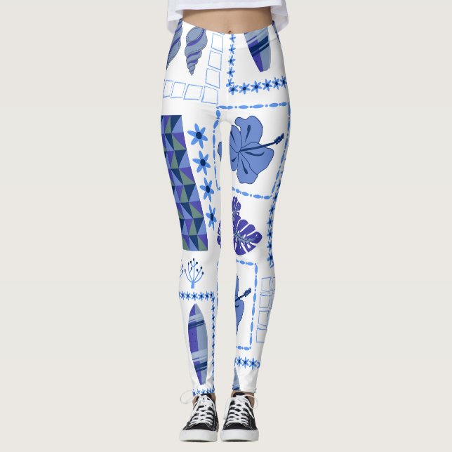 Legging Padrão de Hibisco de Prancha de Surf Tropical Azul (Frente)
