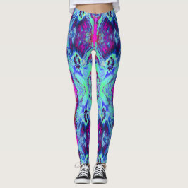 Legging Padrão de Hibisco Verde e Azul Psicodélico