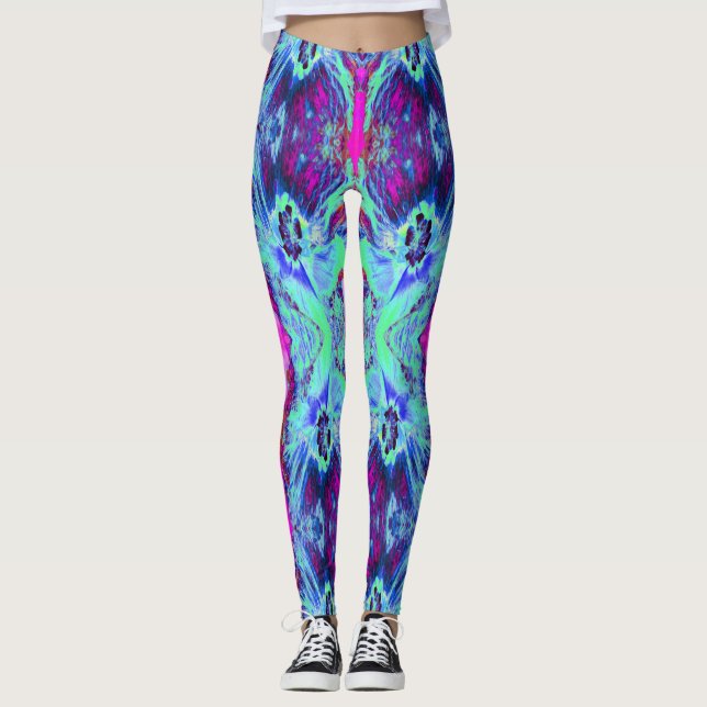 Legging Padrão de Hibisco Verde e Azul Psicodélico (Frente)