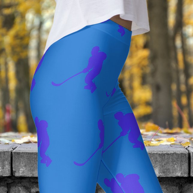 Legging Padrão de Hóquei no Gelo de Marinho Azul Fresco (Womens Ice Hockey on Bright Navy Blue Leggings)