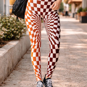Legging Padrão de Ilusão Xadrez Laranja Vermelho Ousado