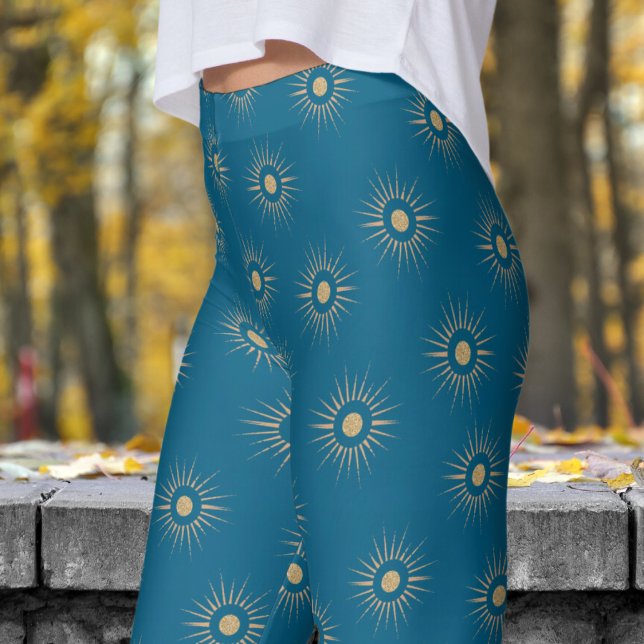 Legging Padrão de Intermitência do Sol Azul na moda (Sun Burst on Ocean Blue)