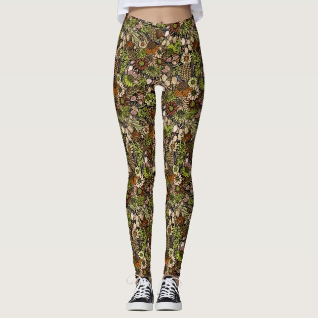Legging Padrão de Jardim de Flores Silvestres Verdes (Frente)
