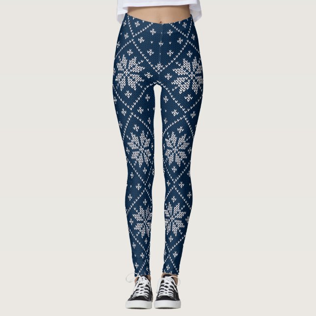 Legging Padrão de Knit de Suéter de Natal com Flocos de Ne (Frente)