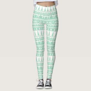 Legging Padrão de Knit de Suéter Feio de Natal em Mint Gre
