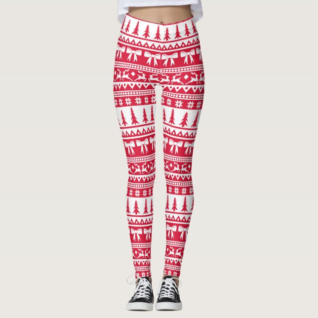 Legging Padrão de Knit de Suéter Feio de Natal em Vermelho (Frente)