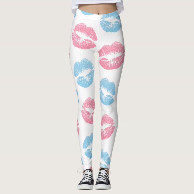 Legging Padrão de Lábios Azul e Rosa, Batom, Beijo (Frente)