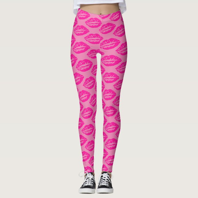 Legging Padrão de Lábios Cor-de-Rosa (Frente)