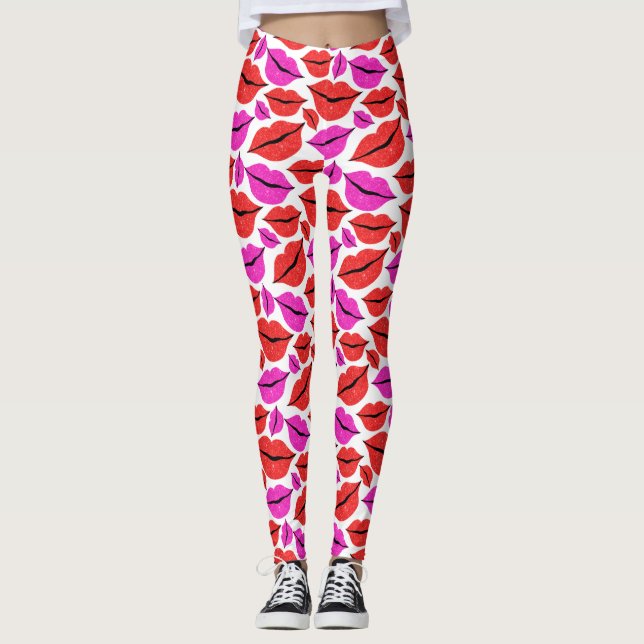 Legging Padrão de Lábios vermelhos cor-de-rosa dia de os n (Frente)