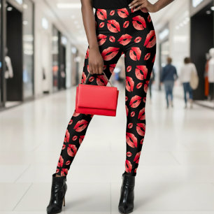 Legging Padrão de Lábios Vermelhos Preto