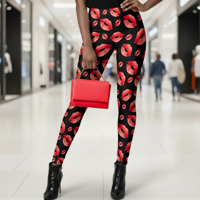 Legging Padrão de Lábios Vermelhos Preto (Red Lips Pattern Black Leggings
)