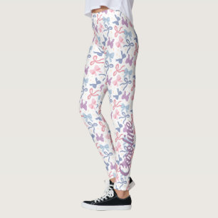 Legging Padrão de Laços Pastel Lindos, Rosa Roxo Azul