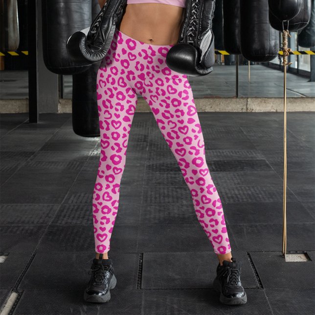 Legging Padrão de leopardo com coração rosa claro e quente (Light and Hot Pink Heart Leopard Pattern Leggings)