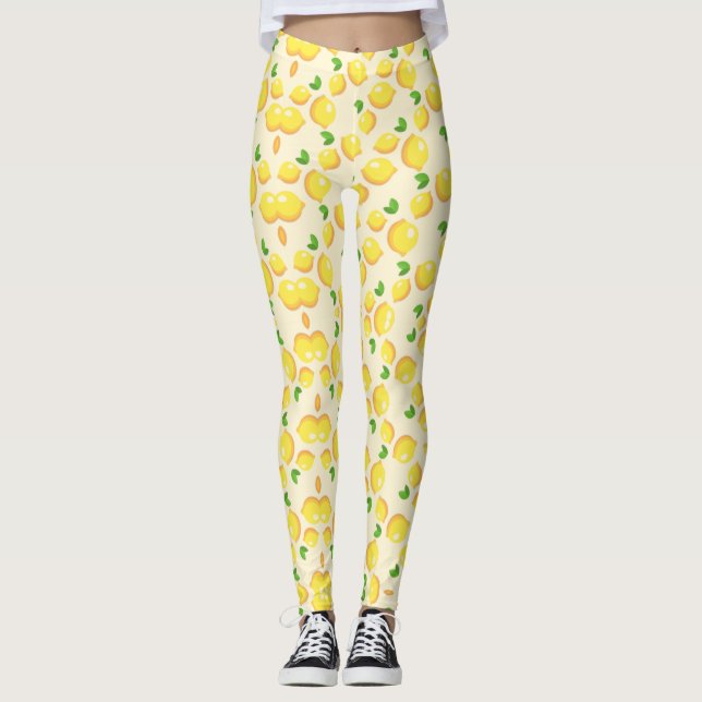 Legging padrão de limão amarelo tropical em bege (Frente)