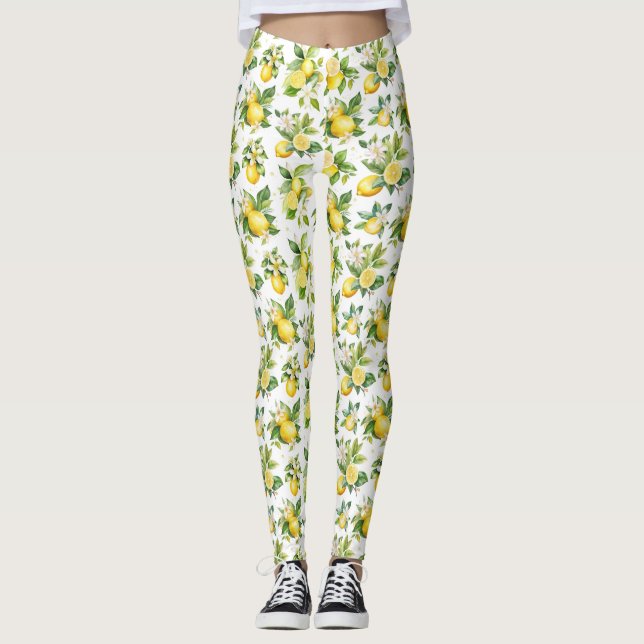 Legging Padrão de limão, flores de limão, folhas, citrinos (Frente)