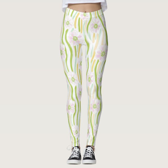 Legging Padrão de Linha Floral Abstrata Moderna (4) (Frente)