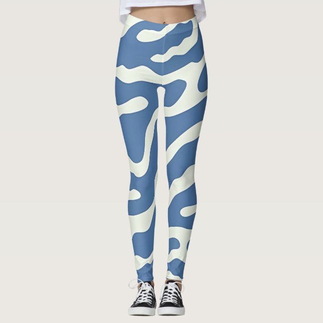 Legging Padrão de Linhas de Onda de Abstrato Azul e Nata M (Frente)