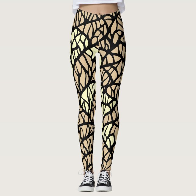 Legging Padrão de Linhas Geométricas Abstratas Bege e Pret (Frente)