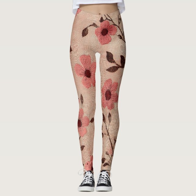 Legging Padrão de Linho Floral Bege Rústico (4) (Frente)