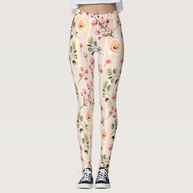 Legging Padrão de Listra Floral Rosa Suave (Frente)