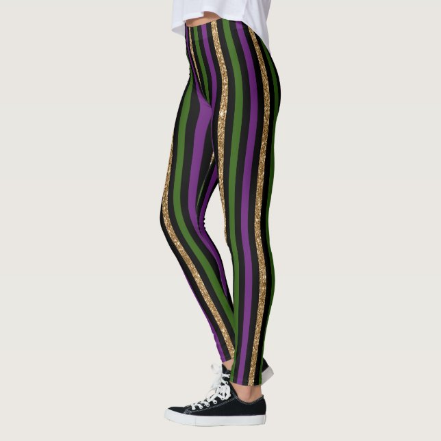 Legging Padrão de Listra Vertical de Mardi Gras Roxo Verde (Esquerda)