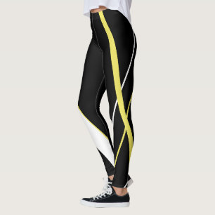 Legging Padrão de Listras Amarelas Diagonais Preto e Branc