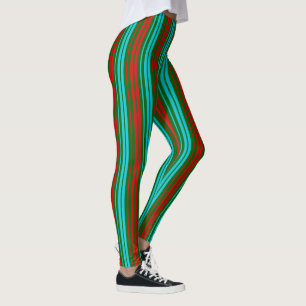 Legging Padrão de Listras Verdes Vermelhas e Azuis  