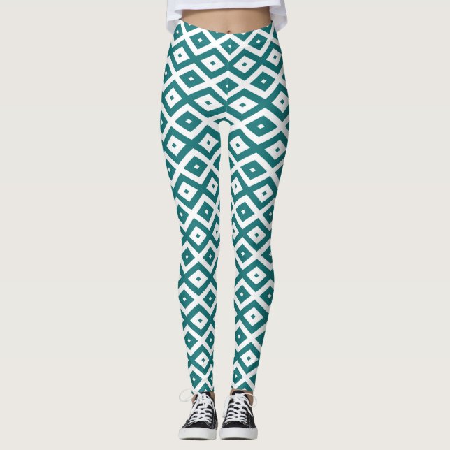 Legging Padrão de losango branco e teal (Frente)
