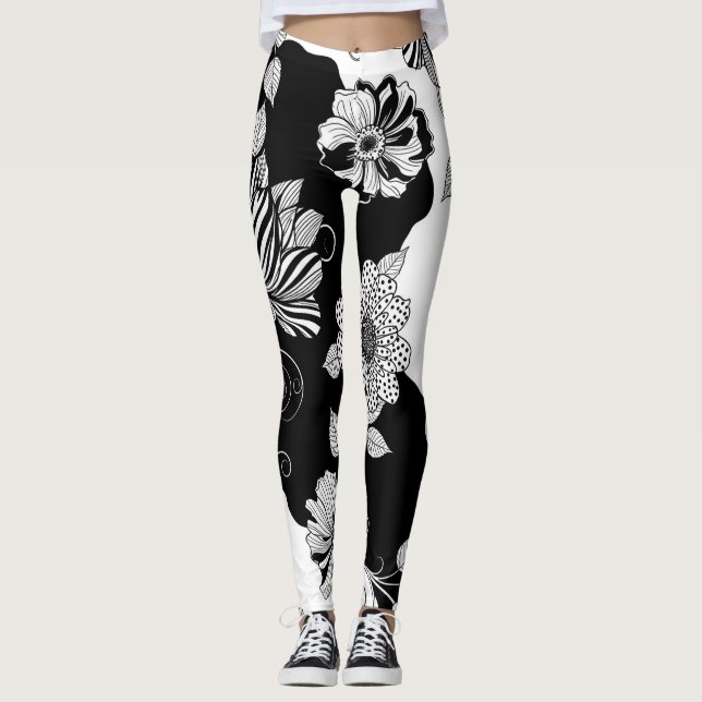 Legging Padrão de Luxo Floral Monocromático Chic (4) (Frente)
