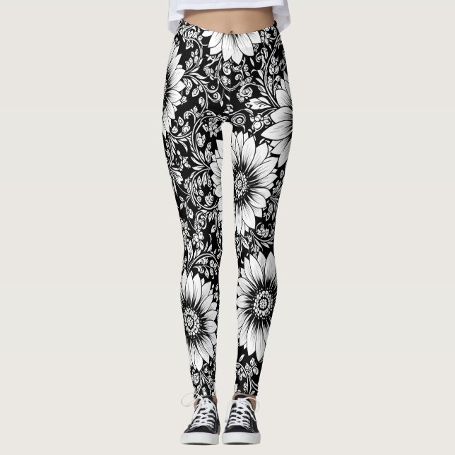 Legging Padrão de Luxo Floral Monocromático Chic (5) (Frente)