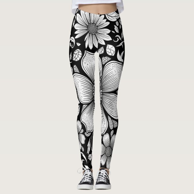 Legging Padrão de Luxo Floral Monocromático Chic (6) (Frente)