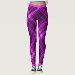 Legging Padrão de Madras Diagonais Rosa Quente e Moda Negr