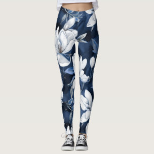 Legging Padrão de Magolia Branca a meia-noite,