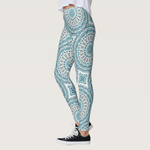 Legging Padrão de Mandala Abstrata em Verde Azul e Bege