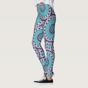 Legging Padrão de Mandala Abstrato em Verde-Azul e Violeta