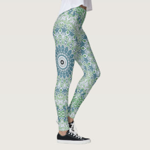 Legging Padrão de Mandala Costeira Azul e Verde Marinho