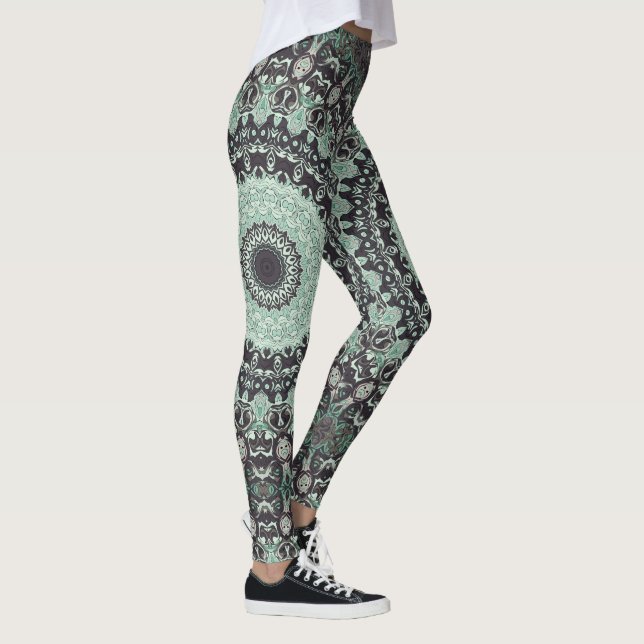 Legging Padrão de Mandala da Mint Green e do Charcarboneto (Direita)