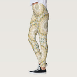 Legging Padrão de Mandala Dourado e Branco com Acentos em